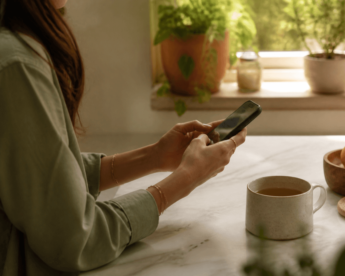 Hands holding a phone at a kitchen counter beside a cup of tea
